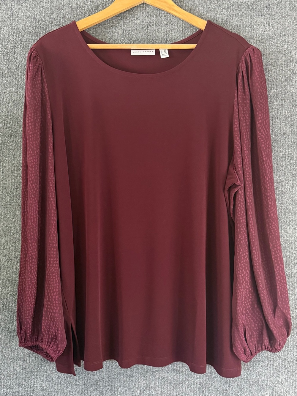 Susan Graver Womens Liquid Knit Printed Long Sleeve Top Size 2X Burgundy Stretch